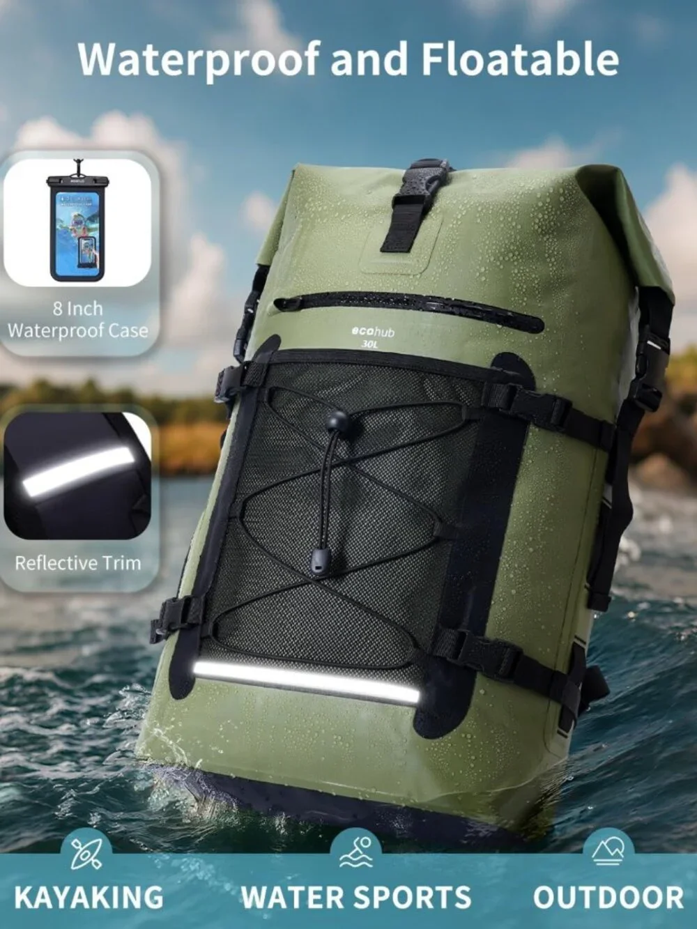 Waterproof Roll-Top Backpack 30L for Travel, Heavy Duty Dry Bag & Phone Case